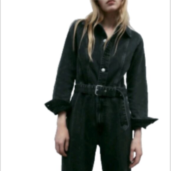 ZARA FULL LENGTH DENIM JUMPSUIT Long Sleeve Belted Collared Straight Leg M Black - Picture 10 of 16